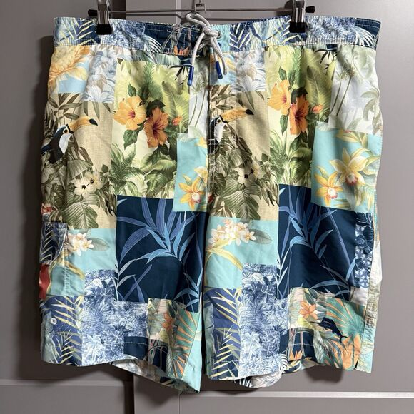 Tommy Bahama Baja Patchwork Paradise Swim Shorts Elastic Waist Pockets Mesh XL - Picture 1 of 11